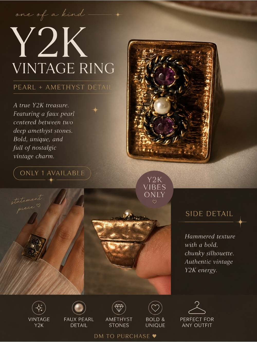 Vintage Gold Ring with Purple Amethyst and Pearl Accent